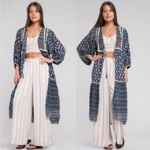 Zara Bohemian Batik Bobo Kimono- Navy Blue, Cream print Rust embroidery M/L